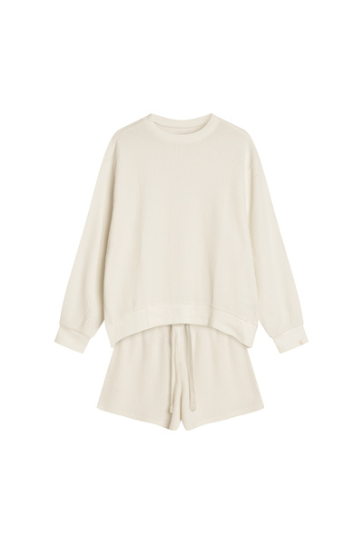 ESOTIQ Women's Homewear Set Longsleeve Sweatshirt & Shorts Waffle Texture Loungewear | Rumi