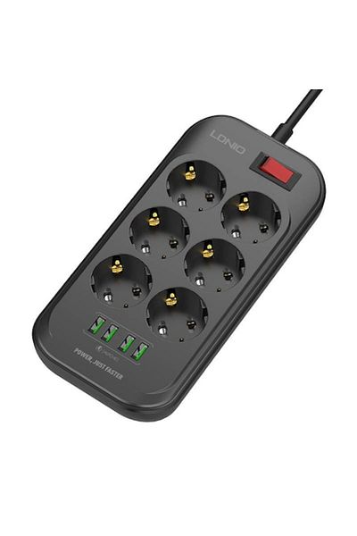 LDNIO Extension cord with 6 sockets, Ldnio, 4 x USB, Cable 2m, Black