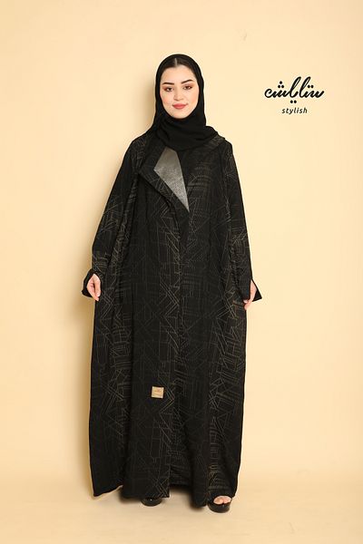 Stylish Black and gold wrap abaya with jacket collar