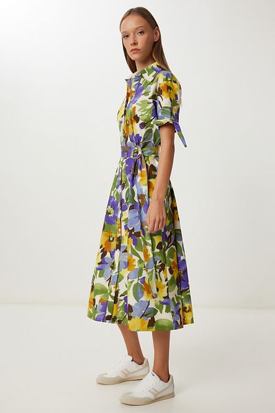 Lovelyİstanbul Belted Patterned Woven Shirt Dress Lcr0086 Purple Yellow