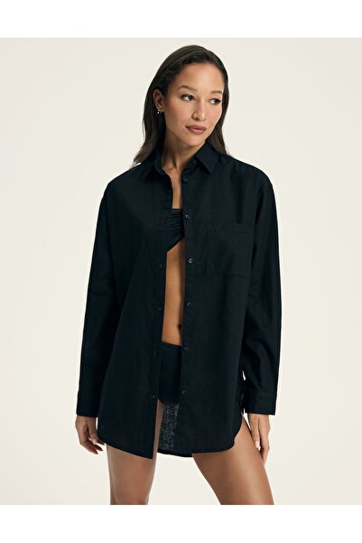 ESOTIQ Cămașă de plajă pentru femei, tunică cu nasturi, mânecă lungă, din amestec de bumbac și in | Naples