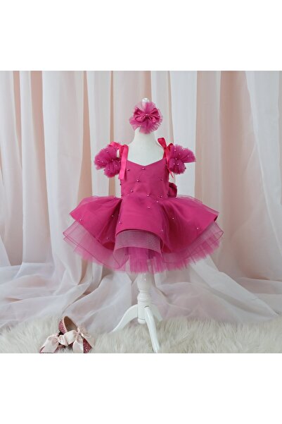 My Baby By Merry 6 ay kız çoçuk fuşya incili düğün elbisesi - Kurdela detaylı...