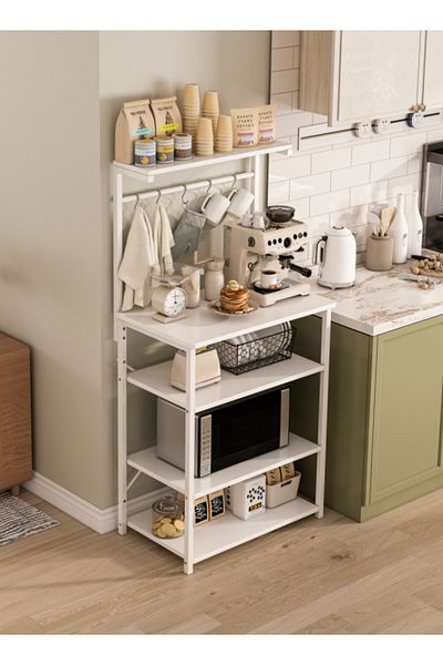Sheinhome Kitchen Storage Rack,Coffee Corner Table with 4 Tiers,Kitchen Microwave Stand with 5 S-shaped Hooks