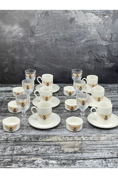 YzHome 6-Person Porcelain Bee Cup Set and 6-Piece Porcelain Bee Turkish Delight Cups and 6-Piece Glass Cups