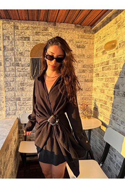 LUUNA STORE فستان قميص بإبزيم من الكتان - أسود