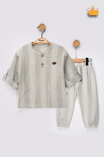 Babyhola 0-2 Years 100% Cotton Double Layer Muslin Fabric Striped Baby Boy Kids Suit Green 2205