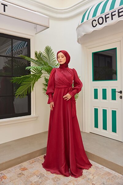 welting Şifon Baglamalı Kadın Tesettür Abiye Elbise Kırmızı