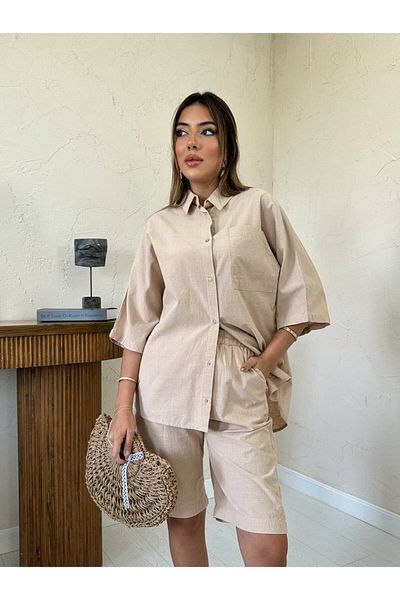 369 etnik butik Oversize Short Sleeve Shirt & Shorts 2-Piece Women's Set (Beige - Black - Fuchsia - White-Green)