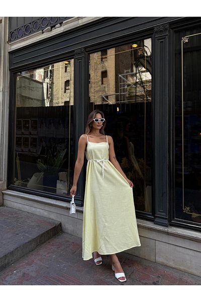 AlisaSu Linen Yellow Strap Long Casual Dress