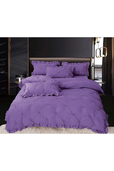 trendyhome Bed Linen Pleats And Ruffles, Fine Cotton, UNI, 4 Pieces, Dark Purple, HR24240
