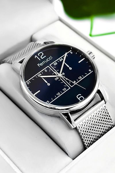 Ferrucci Function Men's Wristwatch Steel Band Silver-Blue Bracelet Gift 3Atm Sdfer173