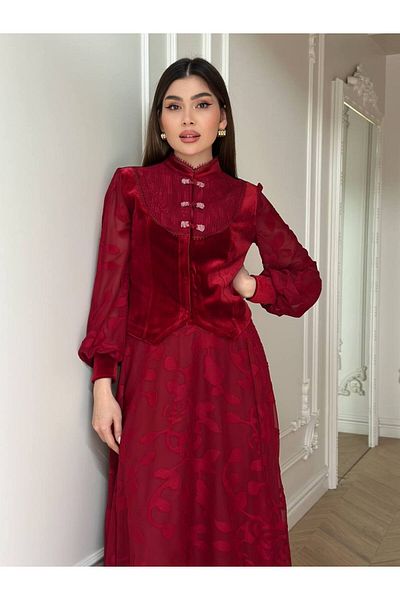 My twins Ewas Design Midi Length Skirt Blouse Velvet Detailed Women's Double Suit