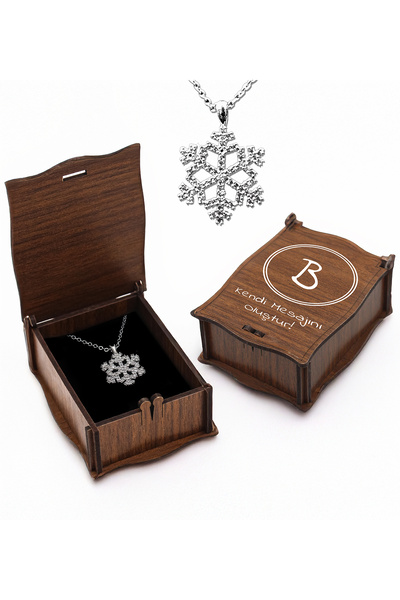 vegahediye v vega Kişiye Özel Ahşap Kutulu Gümüş Kaplama Kar Tanesi Kolye Hed...