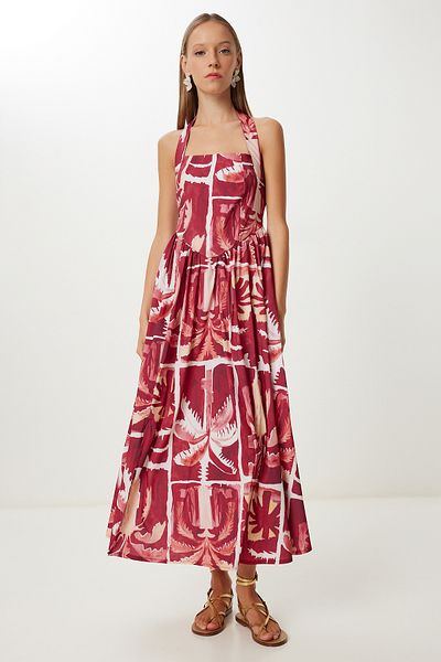 Lovelyİstanbul Patterned Summer Midi Poplin Dress Lub0139 Bordo Yellow