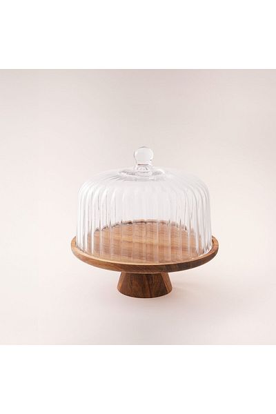 LA MESA cake stand dia 30cm with acacia wood stand and glass lid