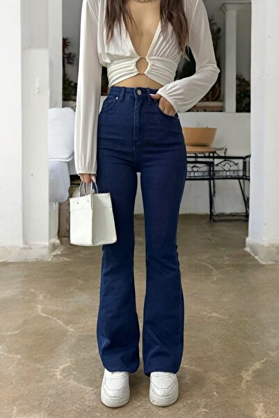 Livik بنطال جينز نسائي من Diessa عالي الخصر من قماش الدنيم باللون الأزرق الداكن