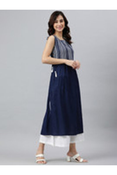 IndHeritage Premium cotton office / casual kurti - Dark blue kurti / kurta for women with prints on chest area