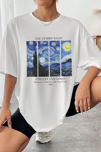 NO 601 Tricou oversize alb cu imprimeu Van Gogh pentru femei
