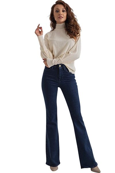 byhaziran butik Saly Women's Dark Blue Lycra High Waist Spanish Leg Jeans