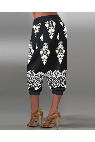 buğrahayalin Women's Elastic Waist Ethnic Patterned Capri Single Jersey Trousers