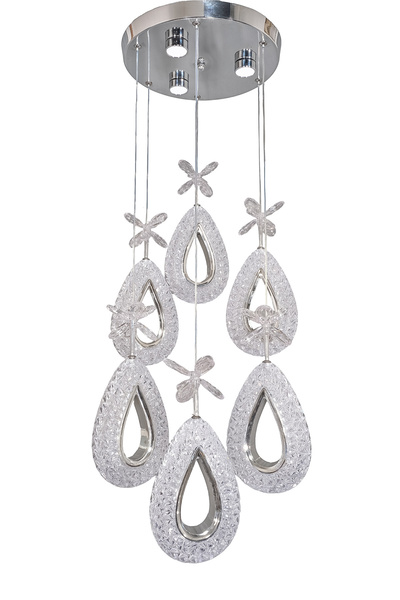 Fer Avize Arel 6lı Modern Led Avize Krom Renk Kristal Görünüm Beyaz Işık Enerji Tasarruflu Salon Yemek Odası