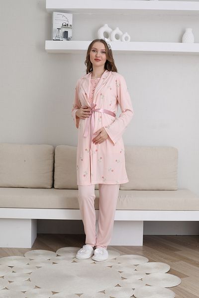Lohussa Women's Salmon Special Design Patterned Buttoned Lace Maternity Maternity Dressing Gown Pajama Set Set of 3