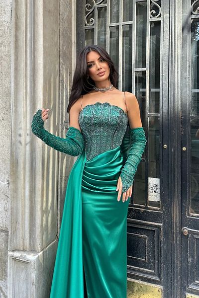 Zoe Zoe Allerli Satin Stylish Design Evening Dress with Sleeve and Top Detail Full Pattern