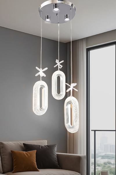 Turanconcept Doruk 3lü Modern Led Avize Krom Renk Kristal Görünüm Beyaz Işık Enerji Tasarruflu Salon Yemek Odası