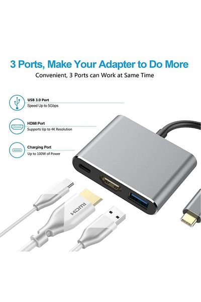 OEM Hub USB-C 3 în 1 (USB 3.0, USB-C, HDMI), Gri