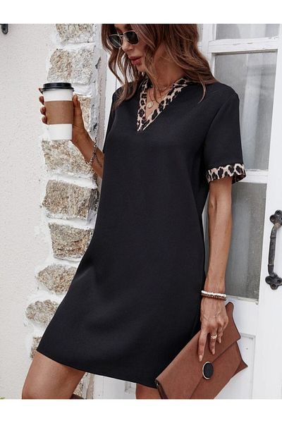 MODAVERA Women's Short Sleeve V Neck Modal Dress with Leopard Pattern Detail