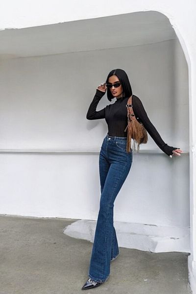 byhaziran butik Mila Dark Blue Non-Fading Lycra High Waist Denim Spanish Leg Jeans