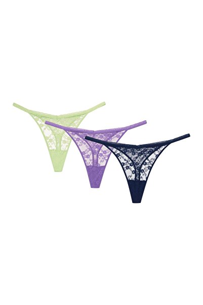 Bloovii Set de 3 chiloți tanga pentru femei, din plasă, cu dantelă florală | Selina