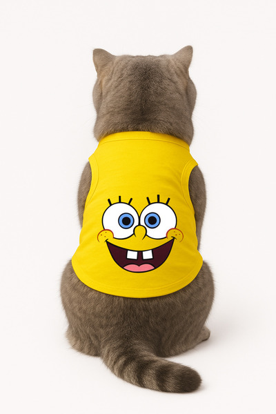 Buddy Store ملابس قطط - قميص سبورت - سبورت أصفر مطبوع عليه سبونج بوب - مقاس XL