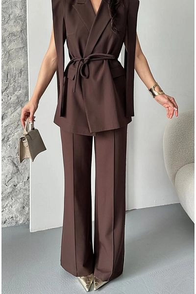 solena sln Women's Shoulder Belted Tie Vest Pants Suit