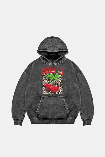 Bak Moda Cherries Leopard Printed Women's Washable Black Hoodie