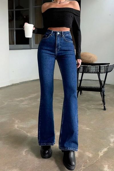 byhaziran butik Bunally Women's Dark Blue High Waist Stretchy Denim Fabric Flare Jeans