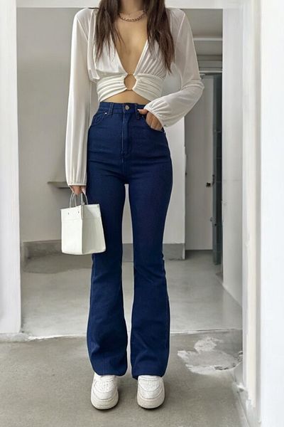 byhaziran butik Xlia Dark Blue Non-Fading Lycra High Waist Denim Spanish Leg Jeans