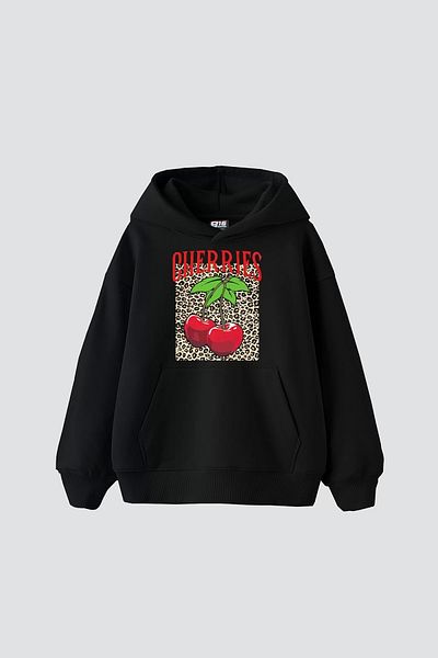 Bak Moda Cherries Leopard Printed Oversize Women's Black Hoodie