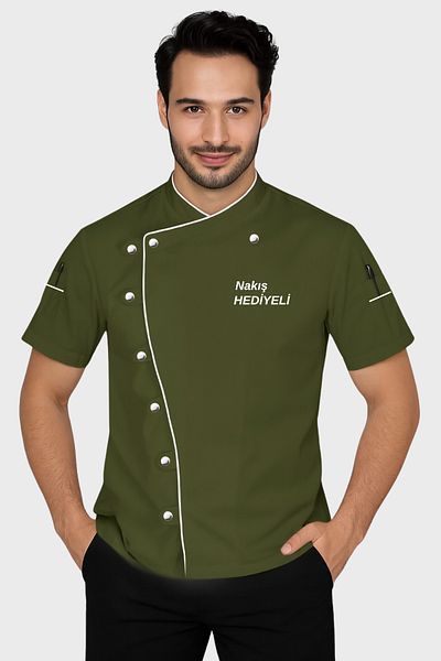 Üniformanya Nume Cadou Verde kaki Bărbați Jachetă Bucătar Mâneci scurte Modeluri de îmbrăcăminte pentru bucătar Tricou pentru bucătar