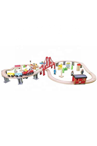 PROCART Wooden train, railway 110x60x30 cm, cars, city, gas station, hospital, multicolored wooden parts