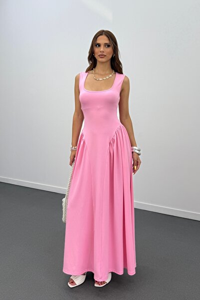 Narferita Ayge Pileli Kalın Askılı Maxi Elbise