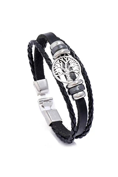 OEM BRĂȚARĂ DIN PIELE POMUL VIEȚII | 21,5 cm | NEGRU