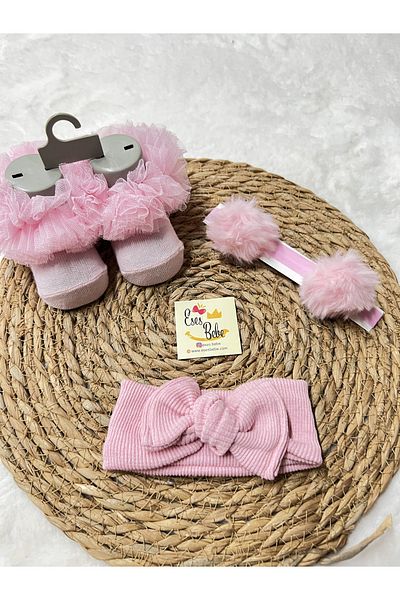 ESES BEBE Kokoş Socks Ribbed Bandana and Pom-Pom Bandana Set