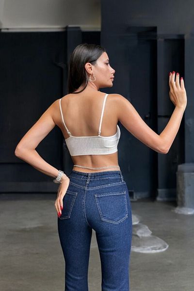 byhaziran butik Bali Women's Dark Blue High Waist Stretchy Denim Fabric Flare Jeans