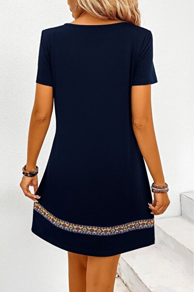 EDA COLLECTION Women's Short Sleeve V-Neck Ethnic Pattern Stripe Detailed Viscose Dress