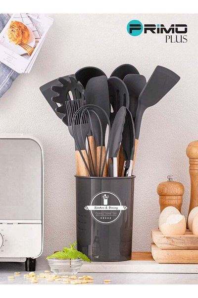 Primo Plus 11-Piece Silicone Kitchen Utensils with Wooden Handles - Black/Brown