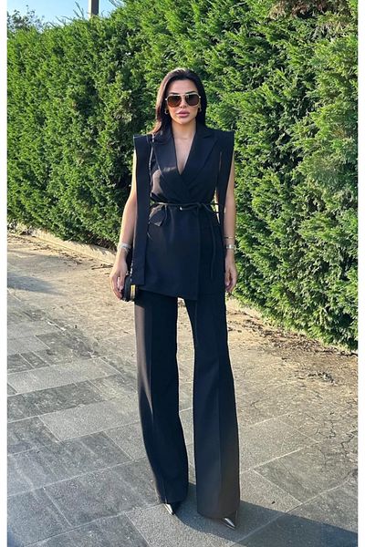 solena sln Women's Shoulder Belted Tie Vest Pants Suit