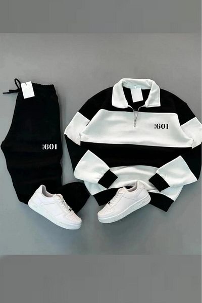 NO 601 Unisex Black Piece Stand Collar 601 Printed Black Tracksuit Set