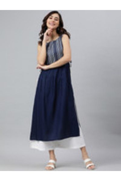 IndHeritage Premium cotton office / casual kurti - Dark blue kurti / kurta for women with prints on chest area
