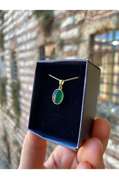 By Atölye Doğal Yeşil Akik Taşlı Gümüş Kolye